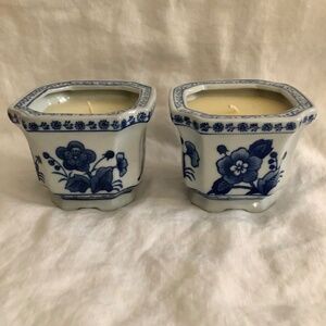 Bombay set of 2 chinoiserie mini cachepot plant pots w unscented candles inside